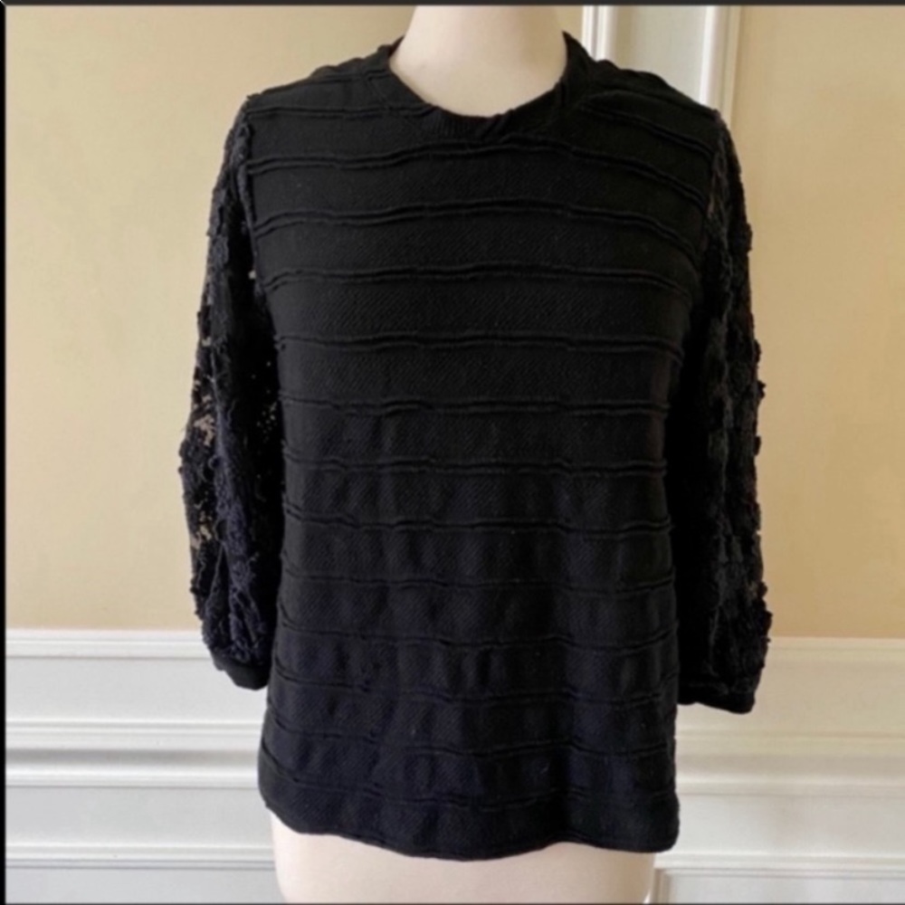 Anthropologie black lace detail puff sleeve top sz M